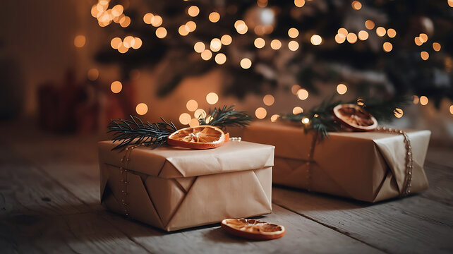 Cozy christmas gifts wrapped in brown paper with dried orange slices and pine sprigs