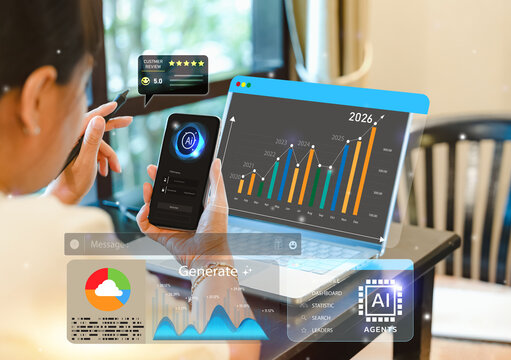 Businesswoman using AI app and digital dashboard to analyze future growth data with planning for 2026, customer reviews, and analytics charts for business intelligence and innovation strategy