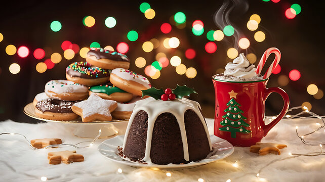 Festive christmas treats including donuts pudding and hot chocolate with bokeh lights - Powered by Adobe