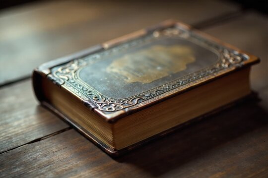 Dusty antique book with ornate cover and aged pages, illuminated by soft natural light on a wooden surface. A single, weathered antique ebook with an ornate, embossed leather cover lies open on a