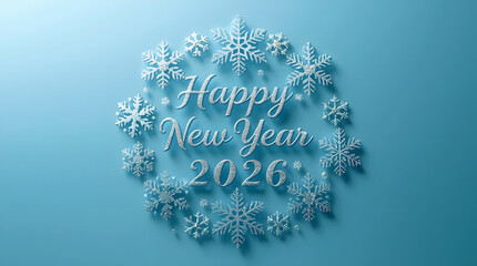 Happy new year 2026 with snow on blue background