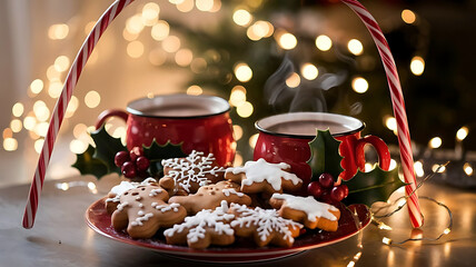 Cozy christmas scene with hot chocolate and festive cookies