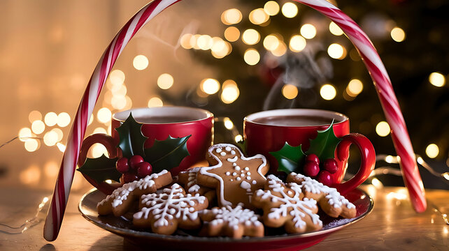 Festive christmas cookies and hot drinks with blurred holiday lights background