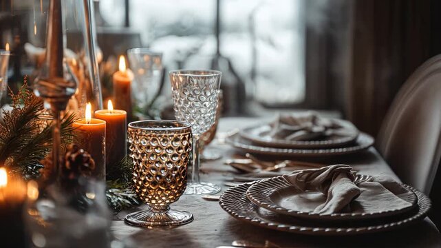 Elegant holiday dining table setup with candlelight, crystal glassware, pine cone, and soft warm ambiance for festive dinners, upscale celebrations, and refined entertaining