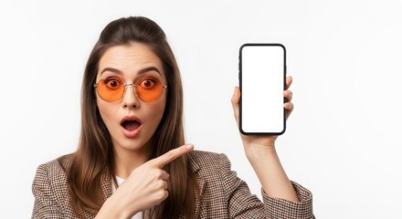 Surprised woman with orange glasses pointing at a blank smartphone screen offering a modern digital solution or mobile application on a clean white background