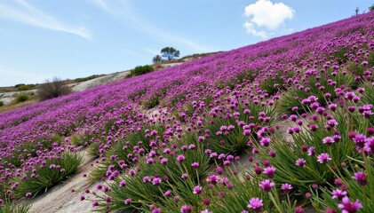 Naklejka premium Wildflower Patch on a Hillside A soft, gentle hillside covered in a dense patch of diverse purple wildflowers. The background is a subtly blurred, natural landscape, creating a peaceful and inviting