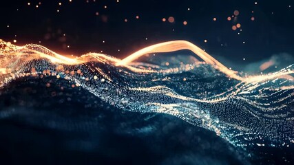 An abstract digital landscape featuring a flowing wave of glowing particles and light trails across a dark blue background, evoking technology and data visualization