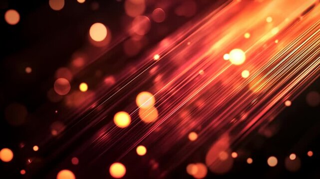 Abstract orange and red light trails and glowing bokeh on a dark background, dynamic energy lines conveying speed and motion, futuristic technology backdrop for creative projects
