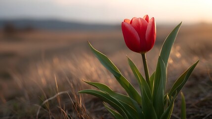 A solitary red tulip blooms vibrantly in a sunlit field at sunset