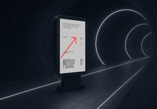 Template Mockup Vertical Billboard in Futuristic Subway Tunnel &ndash; Advertising Display, Indoor Poster Showcase
