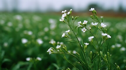 Delicate white flowers bloom in a lush green field with a soft bokeh background