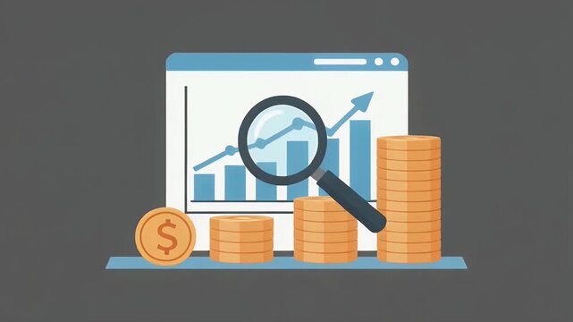 Financial growth analysis with bar chart and increasing coin stacks vector illustration