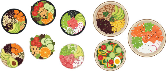 Healthy Meal Bowl Top-Down Vector Set Grain Salad Poke Bowls Illustration
