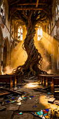 Massive ancient tree growing inside abandoned cathedral with sunlight streaming through broken windows
