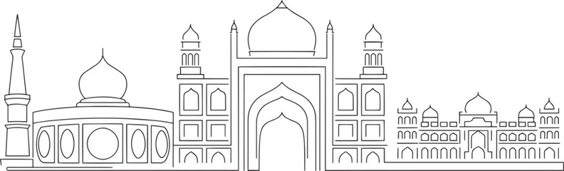 Outline drawing of famous indian mughal mausoleum complex with central dome minarets symmetric architectural elements cityscape panorama