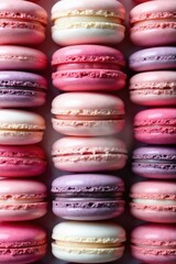 Vibrant Macaron Tower Display with Assorted Pastel Colors and Textures, Studio Lighting A pristine tower of assorted French macarons in soft pastel colors, showcasing various subtle textures and