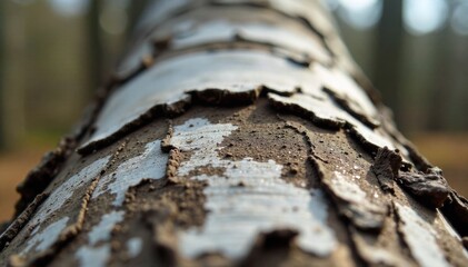 Close up of young birch bark with emerging catkins and dew drops, a macro view of springtime s details. Extreme close up of mature birch bark, highlighting its textured surface with fine details.