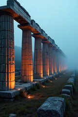 Misty dawn over crumbling Apollo temple ruins, evoking ancient mysteries and historical grandeur. A wide shot of ancient Greek temple ruins at dawn, shrouded in mist. Sunlight is just starting to