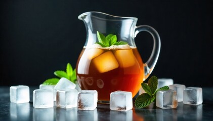 Artisan Iced Tea Brewing A beautifully composed studio shot of a clear glass pitcher and a matching glass filled with refreshing iced tea. Ice cubes are visible, along with a few slices of lemon and