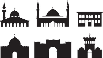 Set of six islamic mosque silhouettes and historic building vectors for religion and architectural design elements