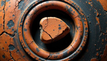 Cracked Greek Amphora Fragment An extreme close up, macro shot of a single, weathered fragment of an ancient Greek amphora. The fragment is cracked and shows a rich patina. A section of its original