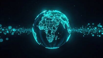 Abstract Globe with News Themed Light Trails on Dark Background An abstract, stylized globe rendered with swirling, dynamic light trails in vibrant blues and greens against a deep, dark background.