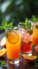 Fototapeta premium Glasses of orange juice with mint leaves on the side