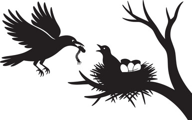 Silhouette vector design showing raven bird flying toward noisy hungry chick with worm prey inside messy nest built upon crooked bare tree branch