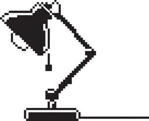 Small pixel art black silhouette desk lamp icon adjustable lighting fixture rendered in digital pixelation style