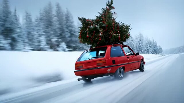 A bright red car drives along a snowbound forest road in winter, carrying a large evergreen Christmas tree on its roof, creating a festive, adventurous holiday travel scene.
