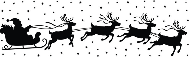 Christmas Santa Claus riding sleigh with reindeer silhouette vector illustration, flying in starry night sky for winter holiday decoration