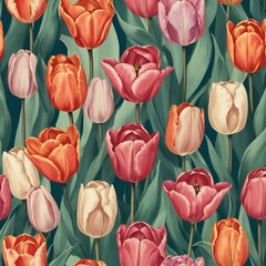 Cute Vintage Seamless Tulip Pattern Illustration Vector 300 DPI. Retro-style seamless tulip pattern with warm tones and rich texture. Ideal for textiles, packaging, wallpapers, and design. AI generate