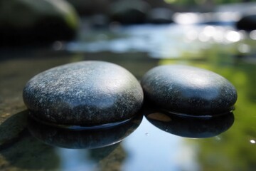 Two smooth, river stones, polished by time and water, representing a harmonious soul relationship. Two perfectly smooth, grey river stones resting side by side on a gentle, clear stream bed. Soft,