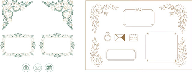 Wedding Invitation Elements Set Floral Ornaments Frames RSVP Icons Vector Illustration