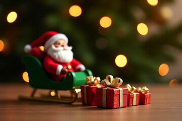 Santa claus figurine in a sleigh with christmas presents and bokeh lights