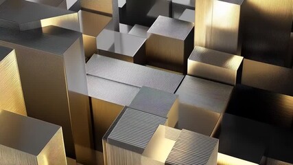 Abstract geometric composition featuring stacked metallic cubes with gold highlights and dramatic lighting, creating depth, texture, and a futuristic architectural vibe - Powered by Adobe