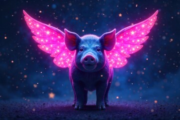 Pig Flying Through Starry Night Sky, A Cosmic Adventure Among Celestial Wonders and Nebulae A stylized, silhouetted pig with luminous, star like wings soaring through a deep indigo night sky filled