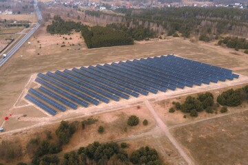 Drone view of a large solar energy installation