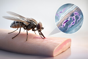 African Sleeping Sickness (Human African trypanosomiasis), semi-transparent human silhouette with highlighted bloodstream and lymph nodes, slender Trypanosoma brucei parasites swirling within stylized