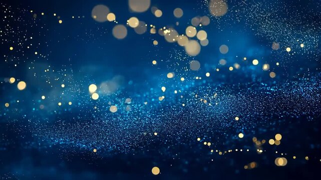 Abstract blue background with shimmering golden bokeh particles and tiny light specks, conveying festive atmosphere, modern celebration visuals suitable for backgrounds and design