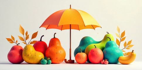 Umbrella relationship Symbolizing a diverse group of ideas or projects under one guiding principle. A top down view of a collection of distinct, colorful, abstract organic shapes arranged neatly