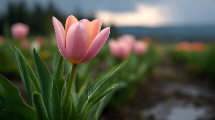 Naklejka premium A single pink and orange tulip with dew drops glistens in a field of blurred tulips under a cloudy sky
