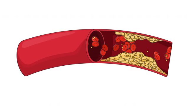 Cholesterol plaque obstructing blood flow cartoon animation. Impeding red bloodcell circulation. Atherosclerosis. Coronary artery clogged disease animated flat 2D object 4K video isolated on white