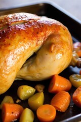 A whole roasted chicken with crispy golden skin, surrounded by root vegetables like carrots and potatoes, ready for carving. An overhead shot of a whole, beautifully roasted chicken with incredibly
