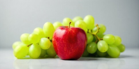 A simple arrangement of a single apple and a small bunch of grapes, emphasizing a light and easy lunch. A single, perfectly ripe red apple next to a small, fresh bunch of green grapes, artfully placed