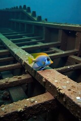 Juvenile angelfish exploring a submerged shipwreck, emphasizing scale and environment. A small, brightly colored juvenile angelfish explores the intricate details of a barnacle encrusted shipwreck on