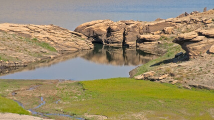 Natural rock dam in Rabagao river. Viade de Baixo, Montalegre, Portugal 