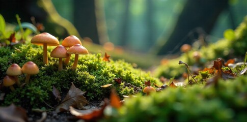 Whimsical Woodland Wonders A Collection of Magical Forest Elements for Creative Family Fun A vibrant, sun dappled forest floor carpeted with moss, featuring an assortment of colorful, whimsical