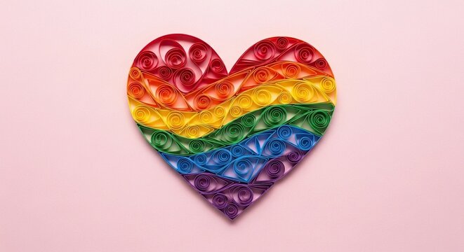 Vibrant rainbow paper quilling heart on pink background. Handmade craft symbol of LGBTQ+ pride, love and diversity.