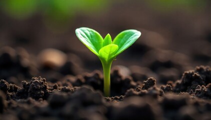 Delicate seedling unfurling new leaves in soft morning sunlight, symbolizing gentle growth and new beginnings. A macro photograph of a single, delicate green seedling with two tiny unfurling leaves